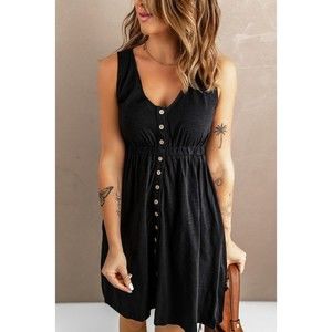 Sleeveless Button Down Black Empire Waist Mini Dress Medium V-Neck With Pockets